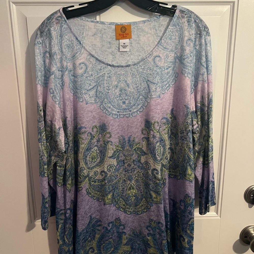 Ruby Rd. Blue and Pink Graphic 3/4 Sleeve Blouse